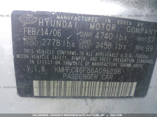 KMHFC46F86A086256 - 2006 HYUNDAI AZERA SE/LIMITED SILVER photo 9