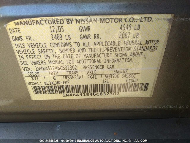 1N4BA41E46C832302 - 2006 NISSAN MAXIMA SE/SL GOLD photo 9