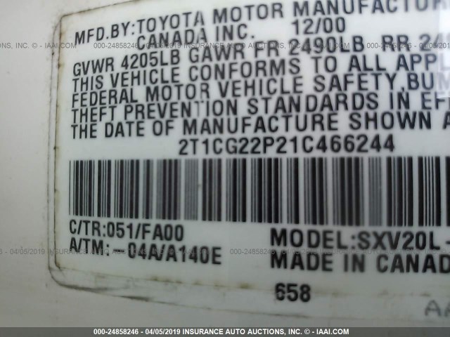 2T1CG22P21C466244 - 2001 TOYOTA CAMRY SOLARA SE WHITE photo 9