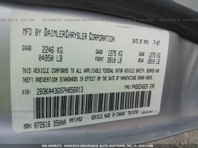 2B3KA43G57H856813 - 2007 DODGE CHARGER SE/SXT SILVER photo 9