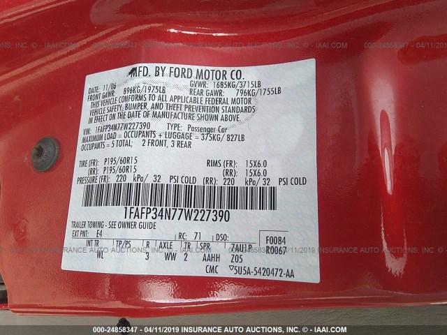 1FAFP34N77W227390 - 2007 FORD FOCUS ZX4/S/SE/SES RED photo 9