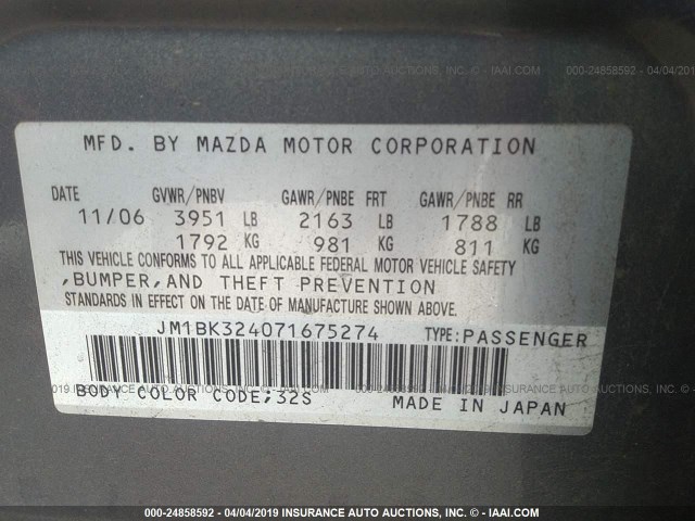 JM1BK324071675274 - 2007 MAZDA 3 S GRAY photo 9