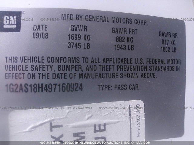 1G2AS18H497160924 - 2009 PONTIAC G5 WHITE photo 9