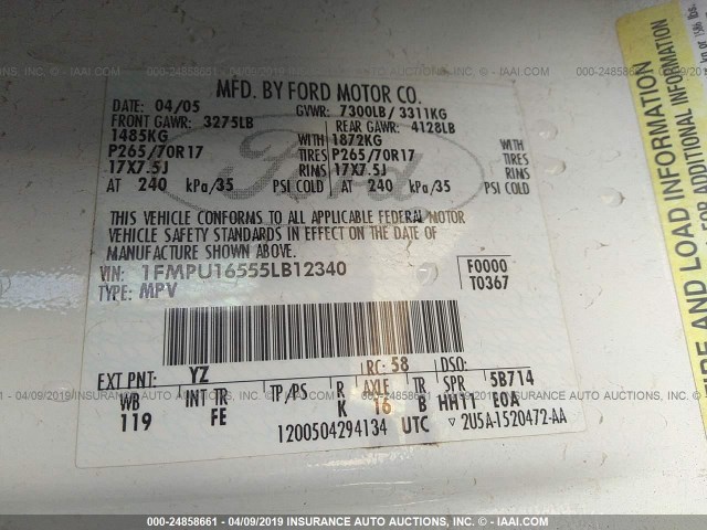 1FMPU16555LB12340 - 2005 FORD EXPEDITION XLT WHITE photo 9