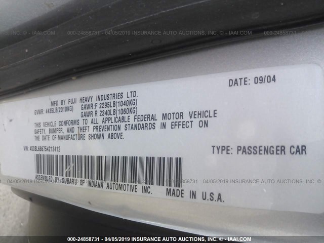 4S3BL686754213412 - 2005 SUBARU LEGACY GT SILVER photo 9