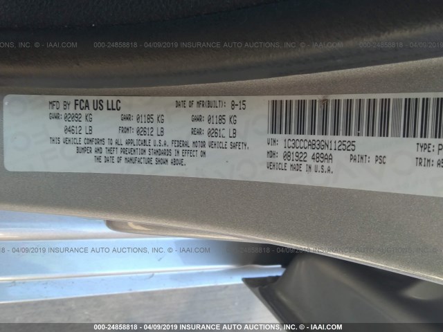 1C3CCCAB3GN112525 - 2016 CHRYSLER 200 LIMITED SILVER photo 9