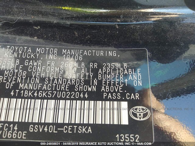 4T1BK46K57U022044 - 2007 TOYOTA CAMRY NEW GENERAT LE/XLE/SE BLACK photo 9