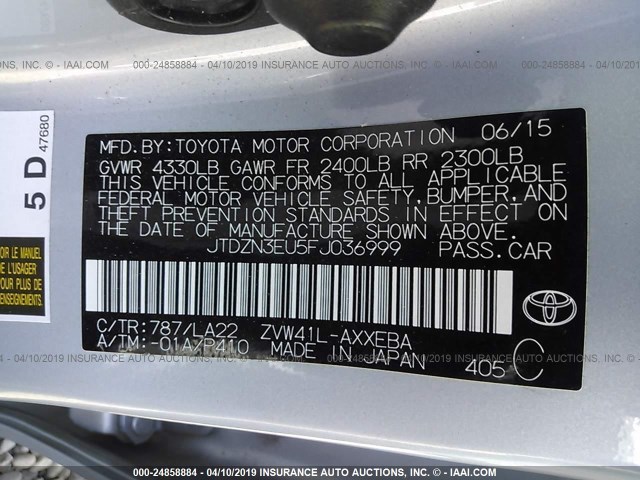 JTDZN3EU5FJ036999 - 2015 TOYOTA PRIUS V SILVER photo 9