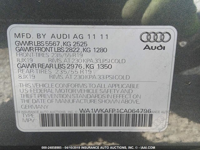 WA1WKAFP1CA064796 - 2012 AUDI Q5 PRESTIGE GRAY photo 9