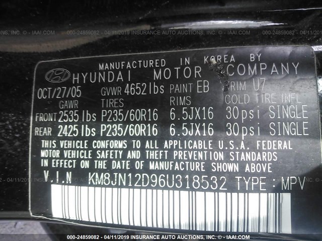 KM8JN12D96U318532 - 2006 HYUNDAI TUCSON GLS/LIMITED 黑色 照片 9