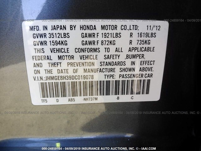 JHMGE8H39DC019078 - 2013 HONDA FIT GRAY photo 9