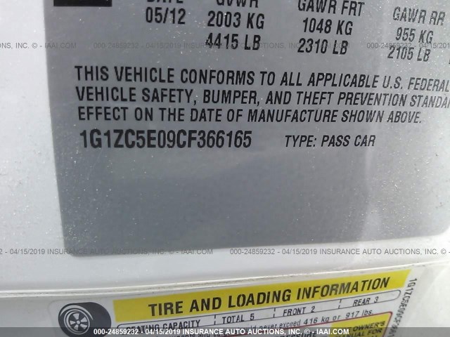 1G1ZC5E09CF366165 - 2012 CHEVROLET MALIBU 1LT 白色 照片 9