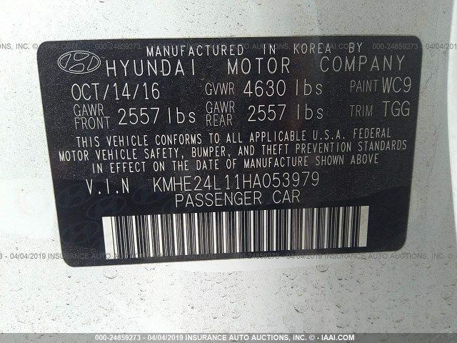 KMHE24L11HA053979 - 2017 HYUNDAI SONATA HYBRID/SE WHITE photo 9