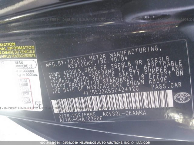 4T1BE32K55U424120 - 2005 TOYOTA CAMRY LE/XLE/SE BLACK photo 9