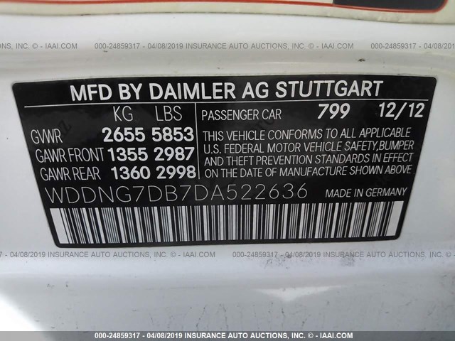 WDDNG7DB7DA522636 - 2013 MERCEDES-BENZ S 550 WHITE photo 9