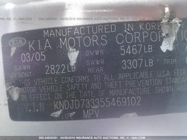 KNDJD733355469102 - 2005 KIA SORENTO EX/LX SILVER photo 9