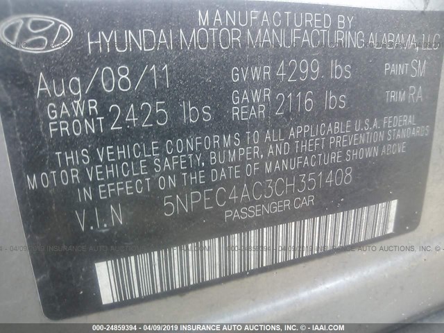 5NPEC4AC3CH351408 - 2012 HYUNDAI SONATA SE/LIMITED SILVER photo 9