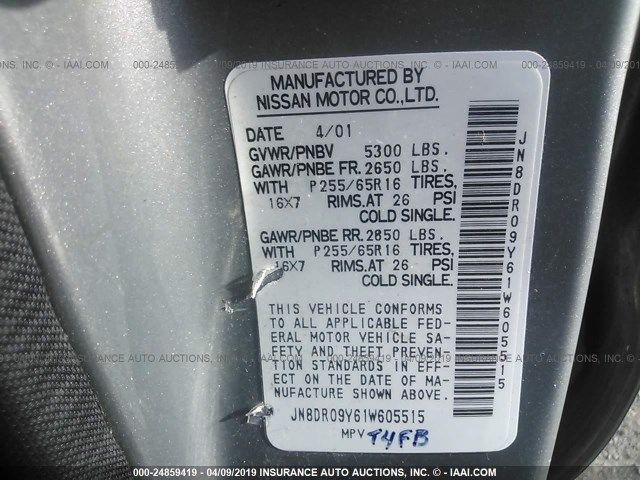 JN8DR09Y61W605515 - 2001 NISSAN PATHFINDER LE/SE/XE SILVER photo 9