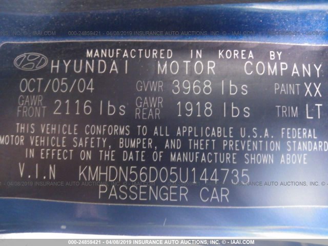 KMHDN56D05U144735 - 2005 HYUNDAI ELANTRA GLS/GT BLUE photo 9