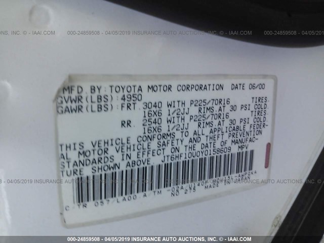 JT6HF10U0Y0158609 - 2000 LEXUS RX 300 WHITE photo 9