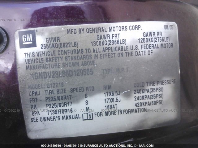 1GNDV23L86D129505 - 2006 CHEVROLET UPLANDER LS MAROON photo 9