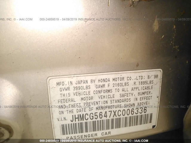 JHMCG5647XC006336 - 1999 HONDA ACCORD LX GRAY photo 9