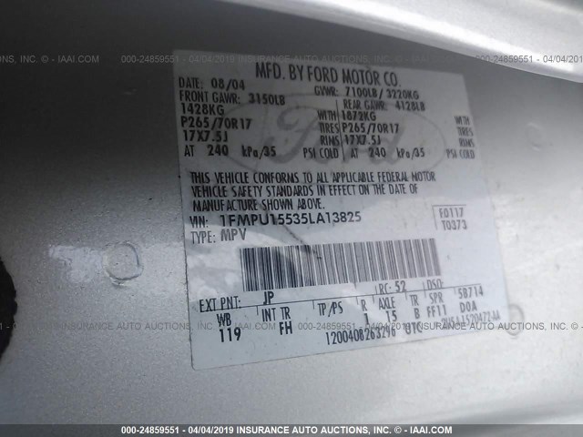 1FMPU15535LA13825 - 2005 FORD EXPEDITION XLT SILVER photo 9