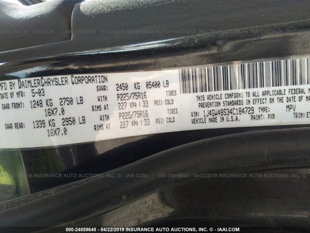 1J4GW48S34C184729 - 2004 JEEP GRAND CHEROKEE LAREDO/COLUMBIA/FREEDOM 黑色 照片 9