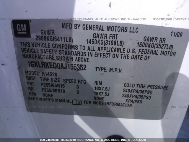 1GKLRKED0AJ155352 - 2010 GMC ACADIA SL WHITE photo 9