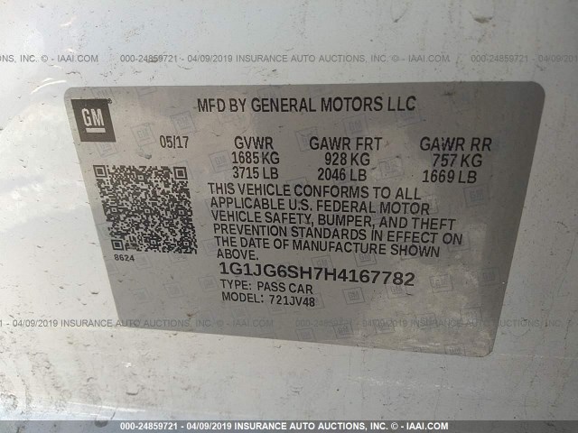 1G1JG6SH7H4167782 - 2017 CHEVROLET SONIC WHITE photo 9