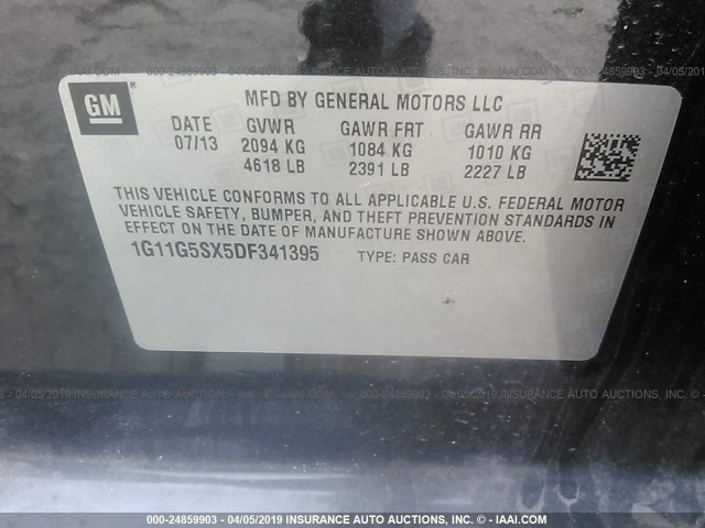 1G11G5SX5DF341395 - 2013 CHEVROLET MALIBU 3LT შავი ფოტო 9