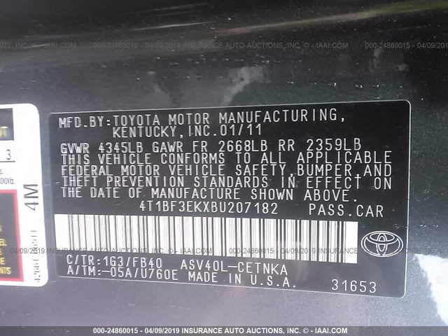 4T1BF3EKXBU207182 - 2011 TOYOTA CAMRY SE/LE/XLE GRAY photo 9