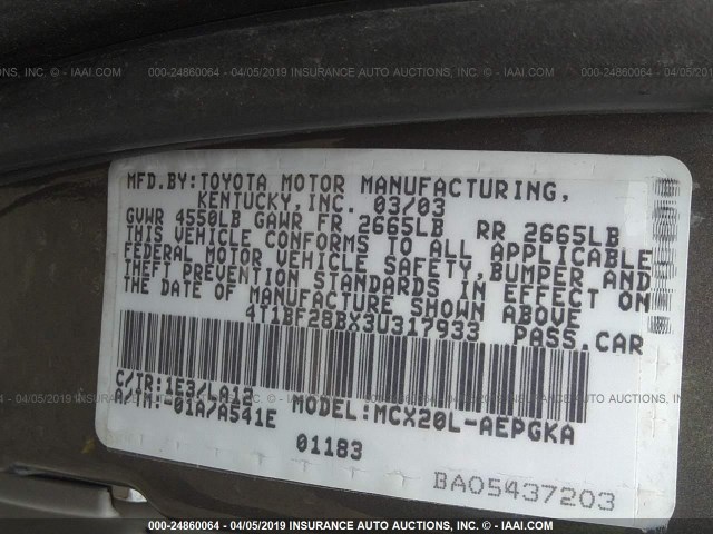 4T1BF28BX3U317933 - 2003 TOYOTA AVALON XL/XLS GRAY photo 9