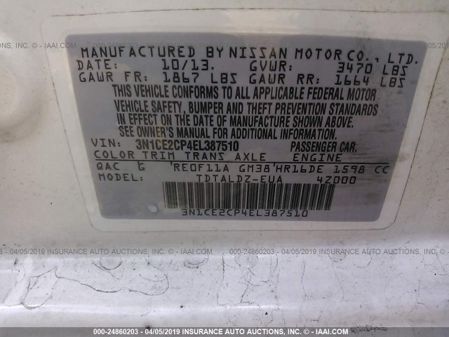 3N1CE2CP4EL387510 - 2014 NISSAN VERSA NOTE S/S PLUS/SV/SL WHITE photo 9