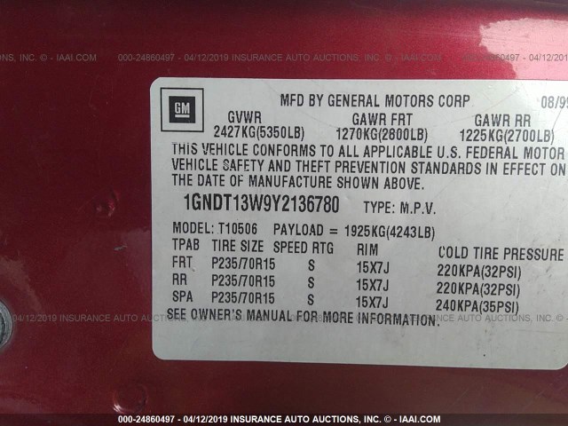 1GNDT13W9Y2136780 - 2000 CHEVROLET BLAZER BURGUNDY photo 9