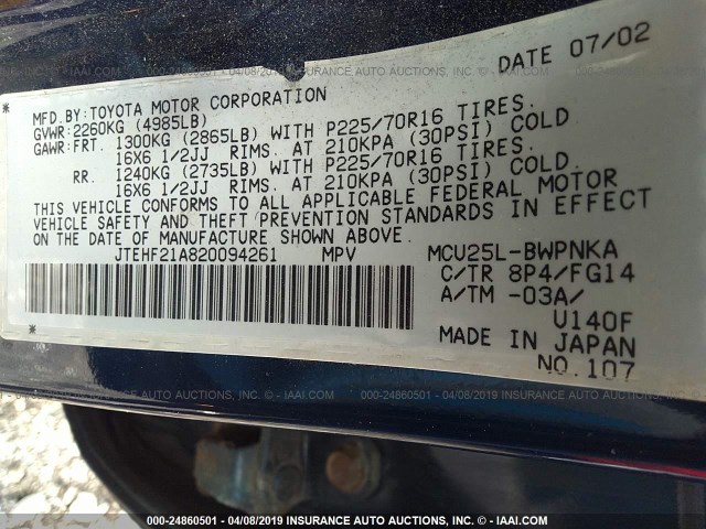 JTEHF21A820094261 - 2002 TOYOTA HIGHLANDER LIMITED BLUE photo 9