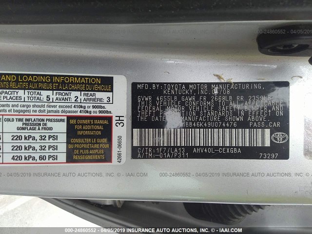 4T1BB46K49U074476 - 2009 TOYOTA CAMRY HYBRID SILVER photo 9