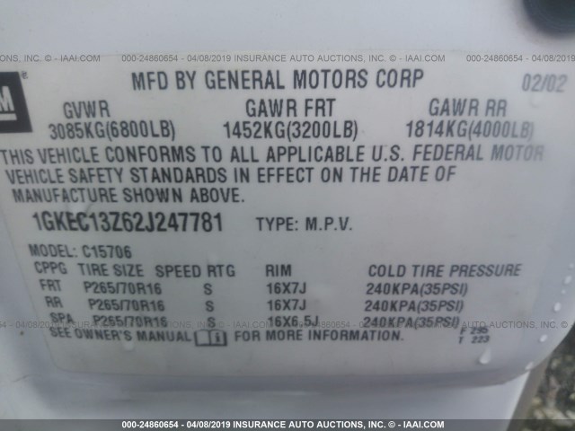 1GKEC13Z62J247781 - 2002 GMC YUKON WHITE photo 9