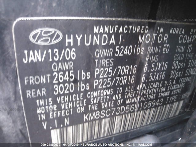 KM8SC73D56U108943 - 2006 HYUNDAI SANTA FE GLS/LIMITED BLACK photo 9