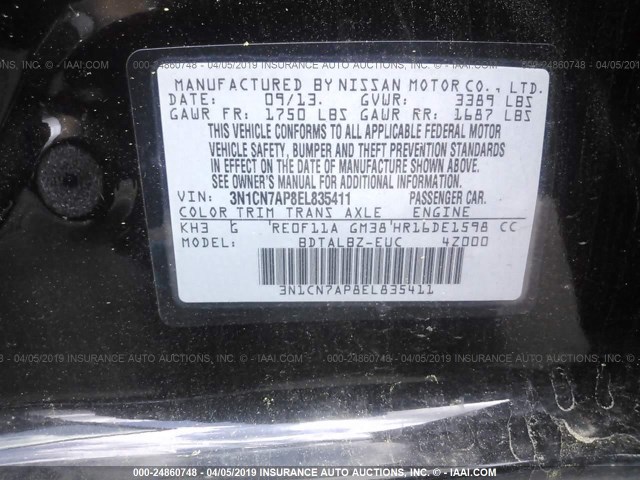 3N1CN7AP8EL835411 - 2014 NISSAN VERSA S/S PLUS/SV/SL შავი ფოტო 9