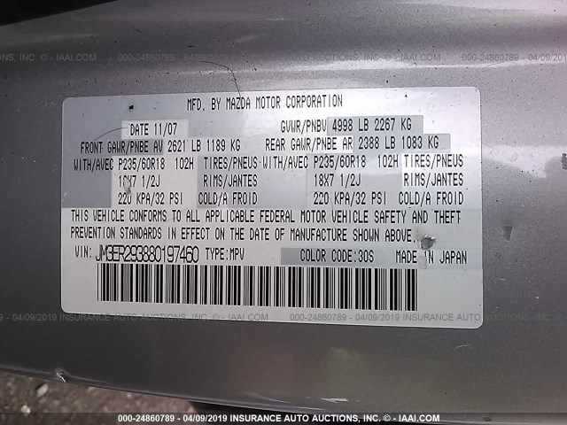 JM3ER293880197460 - 2008 MAZDA CX-7 SILVER photo 9