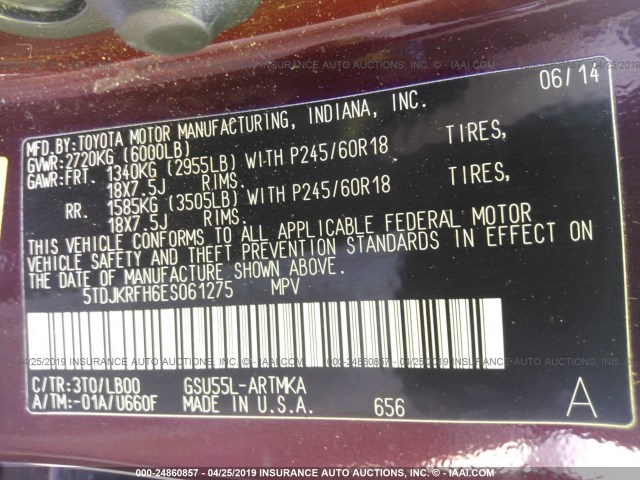 5TDJKRFH6ES061275 - 2014 TOYOTA HIGHLANDER XLE მუქწითელი ფოტო 9