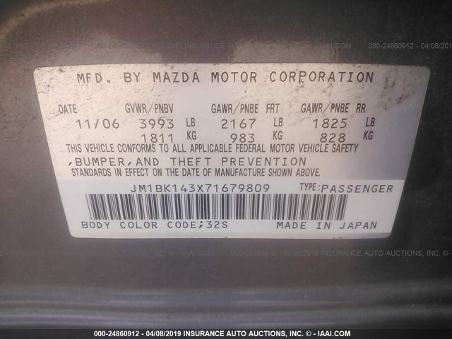 JM1BK143X71679809 - 2007 MAZDA 3 HATCHBACK GRAY photo 9