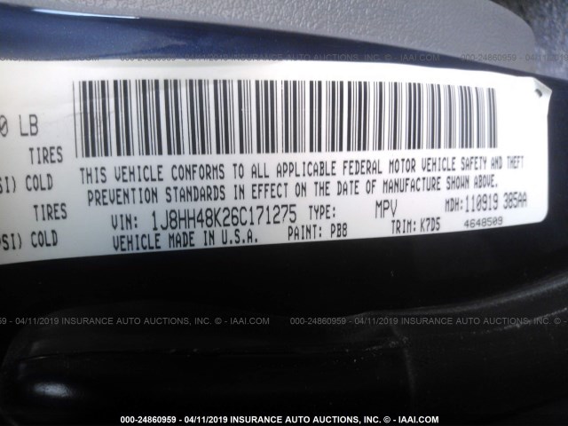 1J8HH48K26C171275 - 2006 JEEP COMMANDER BLUE photo 9