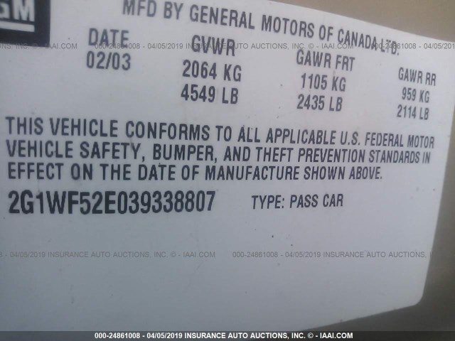 2G1WF52E039338807 - 2003 CHEVROLET IMPALA GOLD photo 9