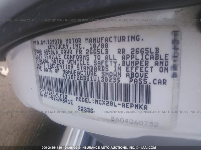 4T1BF28B81U130235 - 2001 TOYOTA AVALON XL/XLS WHITE photo 9