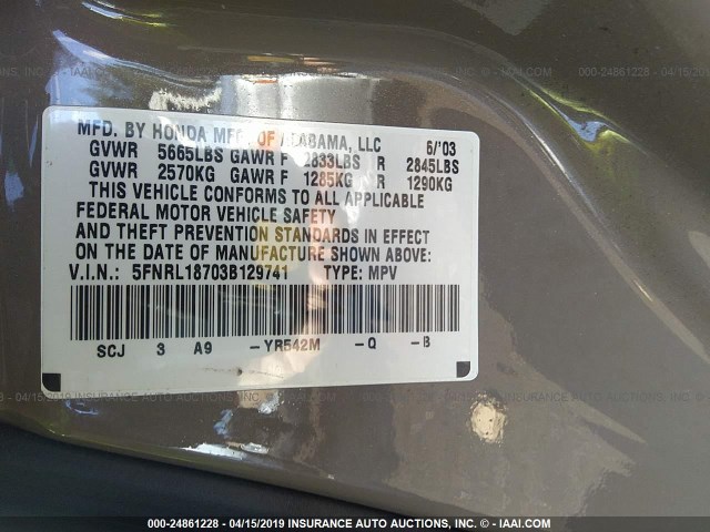 5FNRL18703B129741 - 2003 HONDA ODYSSEY EXL GOLD photo 9