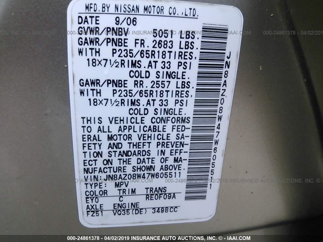 JN8AZ08W47W605511 - 2007 NISSAN MURANO SL/SE/S GOLD photo 9