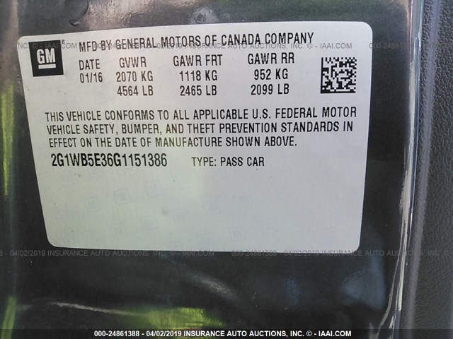 2G1WB5E36G1151386 - 2016 CHEVROLET IMPALA LIMITED LT BLACK photo 9