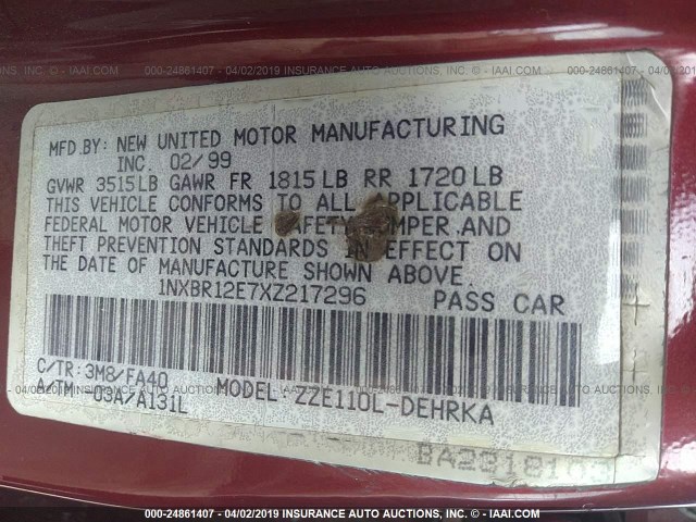 1NXBR12E7XZ217296 - 1999 TOYOTA COROLLA VE/CE/LE 勃艮第红 照片 9